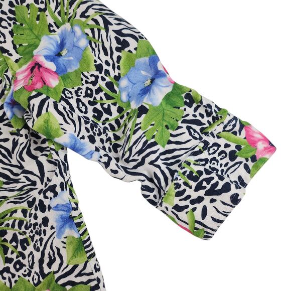 Vintage Hawaiian Cardigan Womens PL Large Petite 100% Linin Hibiscus Zebra Print - Picture 7 of 16